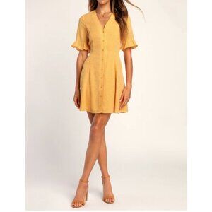 Lulus Castana Mustard Yellow Button-Up Dress With Ruffle Sleeves & Tie Back XL